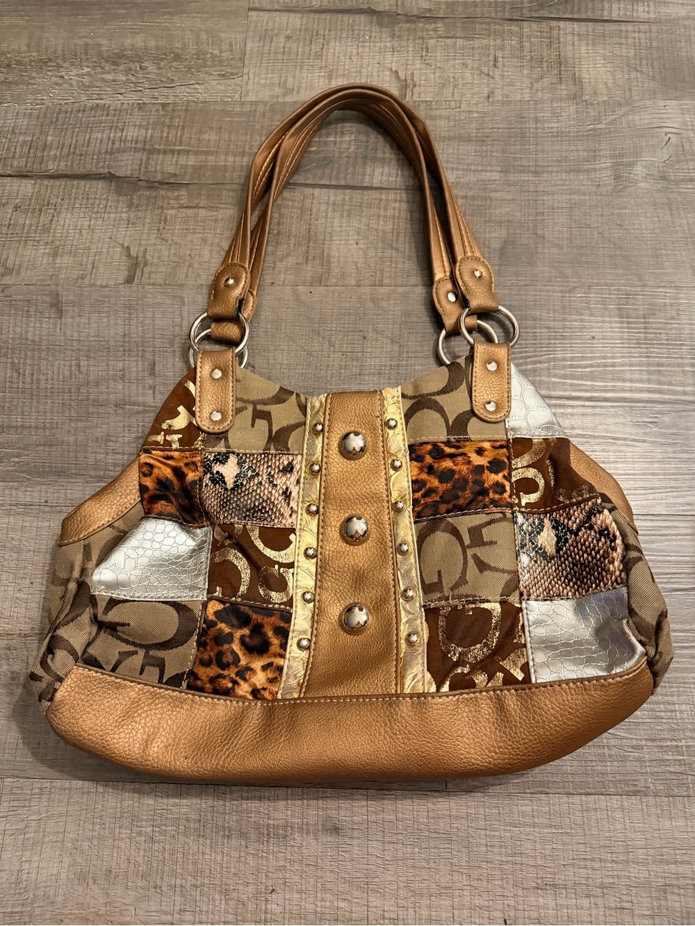 Y2K Patchwork Shoulder Bag Leopard Snake Print Metallic Gold Studded Purse